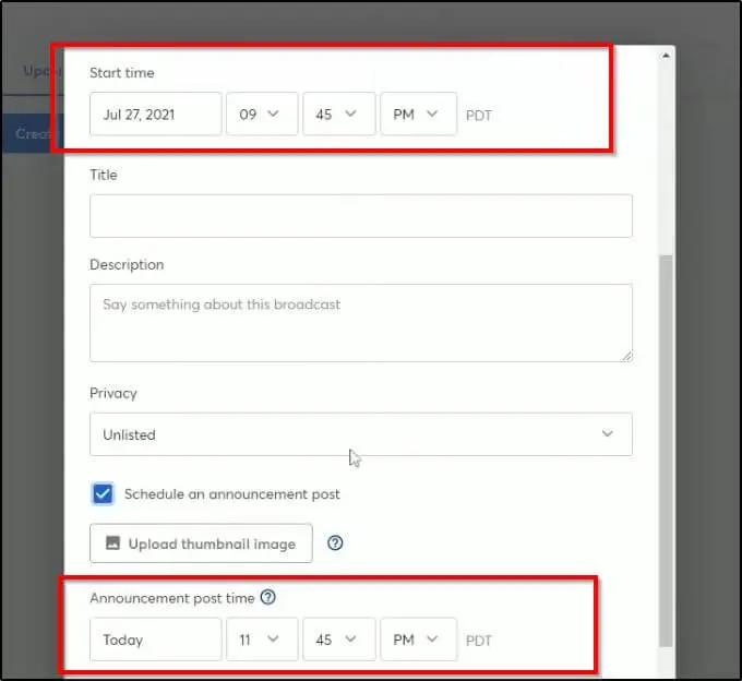 Start time with a red box around it and Announcement Post time with a red box around it