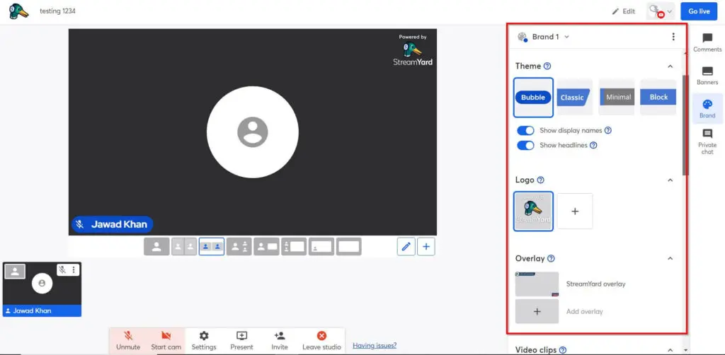 Red box around Brand 1 with Bubble Theme chosen, logo chosen and overlay options