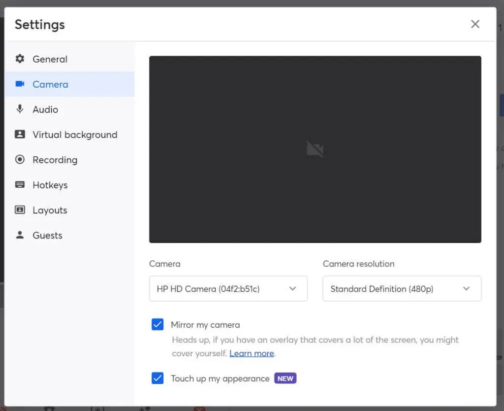 Settings page with camera highlighted and black box in center with camera image turned off