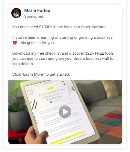 Sponsored Ad example from Marie Forleo
