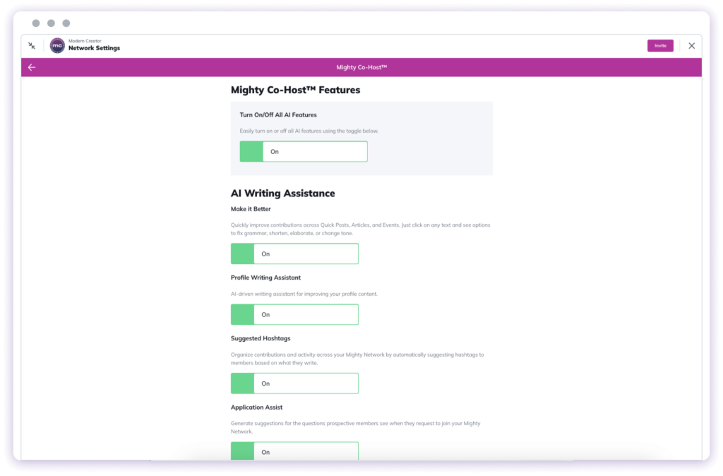 Mighty Co-Host Features web page with ability to turn on AI writing assistance features