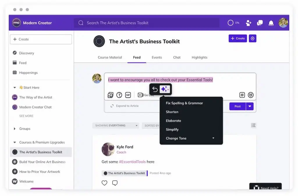 Feed with ability to fix spelling on a post before posting