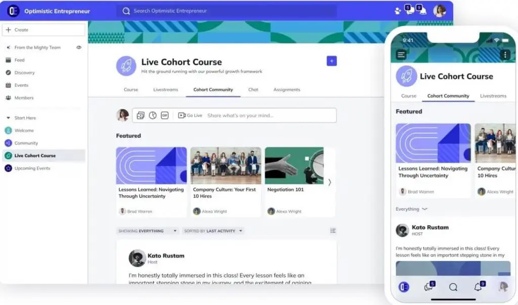 Live Cohort Course Community Tab with image of what people see on their phones
Featured section with three small images
Message from host with image