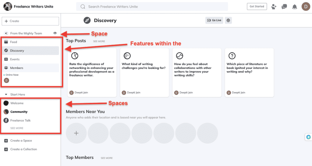 Red box with red arrow pointing to it with word Space
Another red arrow with work Features within the
Red box with red arrow pointing to it with word Spaces