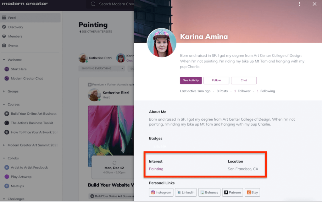 Karina Amina member profile with an image in a circle, an about me description
red box around Interest Paiting and Location: San Francisco, CA