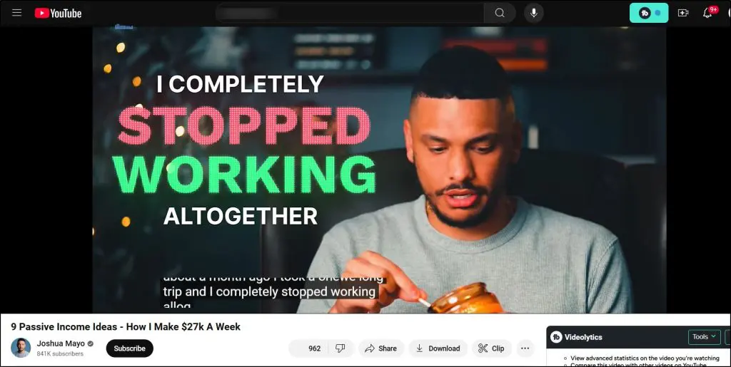 Joshua Mayo YouTube channel screenshot, image of Joshua looking down, text "I completely stopped working all together", title of video "9 Passive Income Ideas - How to Make $27k a Week"