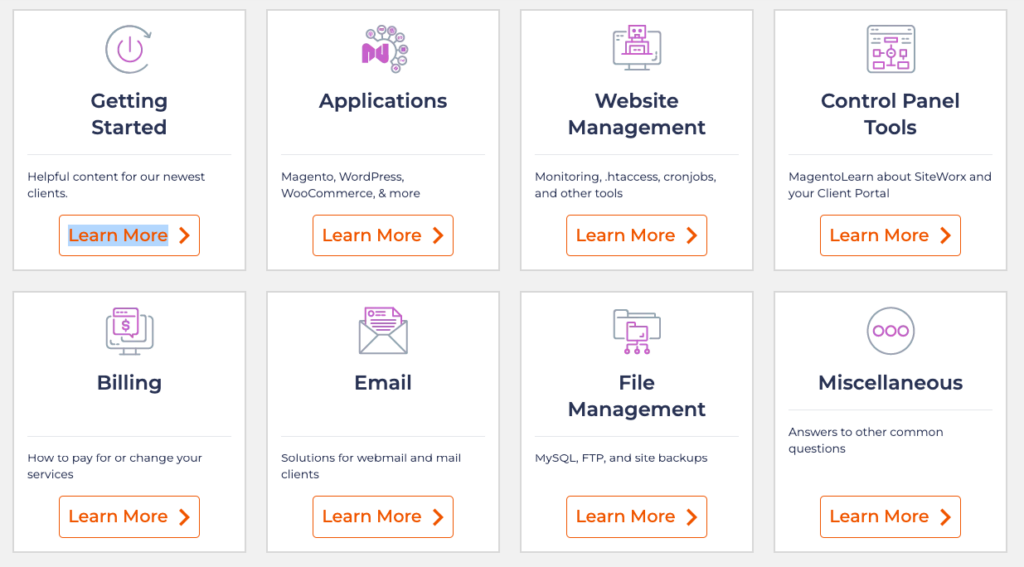 8 boxes for support screen
getting started
applications
website mgmnt
control panel tools
billing
email
file mgmnt
misc