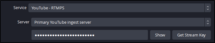 OBS menu for YouTube live, Service, Server, pasting stream key