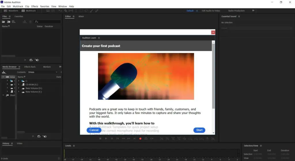 create your first podcast with a cancel and a start button
