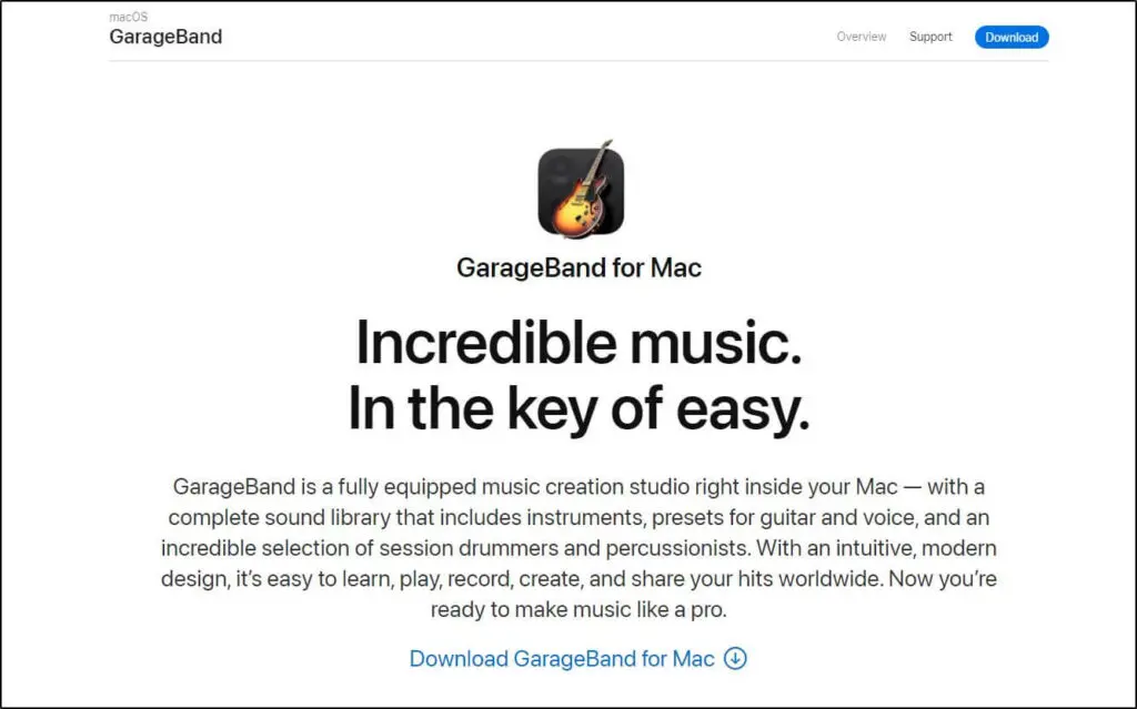 homepage for garageband
Overview
Support Download
GarageBand for Mac logo
Download for Mac
