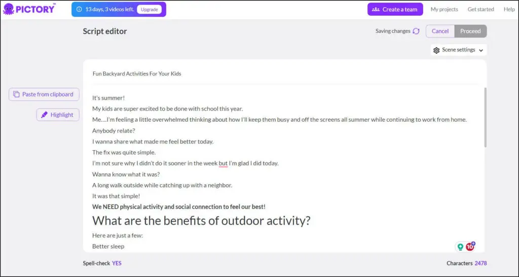 Script editor screen in Pictory