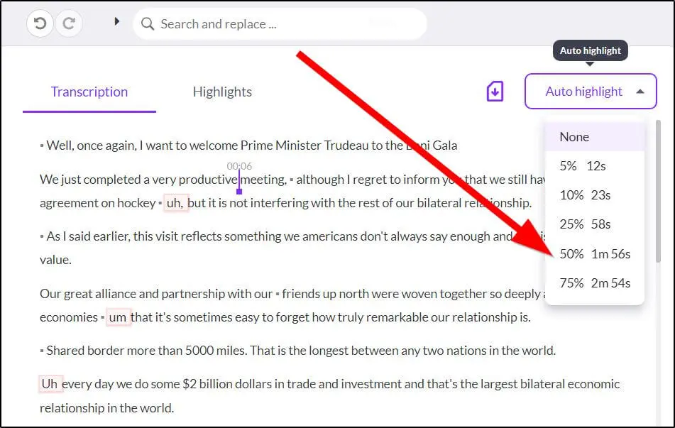 Transcription screen with red arrow pointing to 50% under Auto highlight section