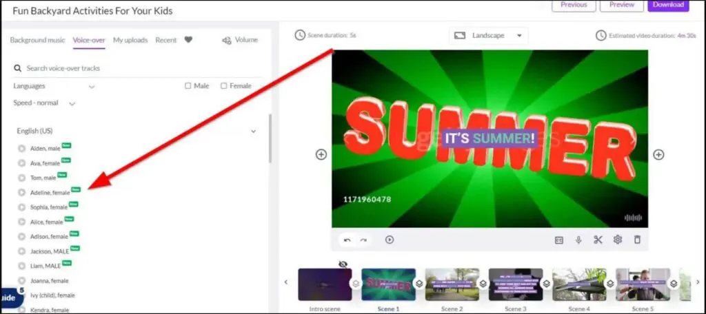 Red arrow pointing to Adeline, female
Summer video on right
