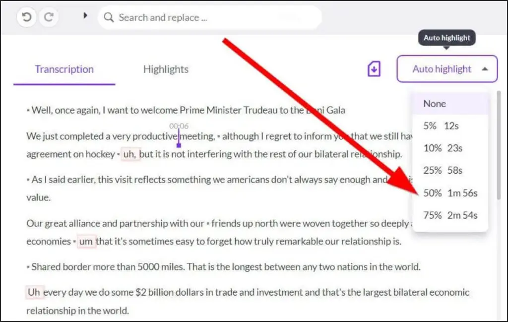 Transcription page with Auto Highlight and red arrow pointing to 50% 1 m 56s