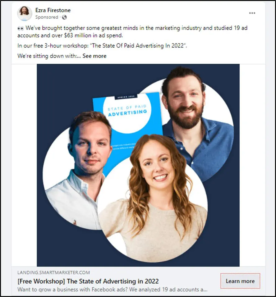 screenshot of Facebook ad from Ezra Firestone of Smart Marketer