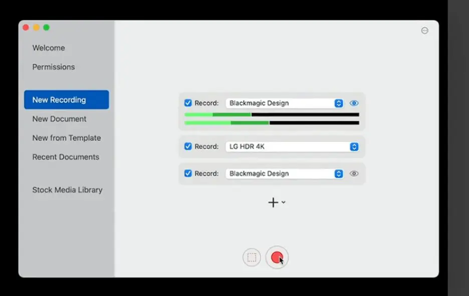 "New Recording" options with cursor on red circle showing the record button.