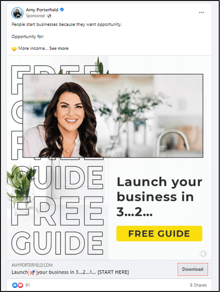Facebook lead generation ad from Amy Porterfield's online courses