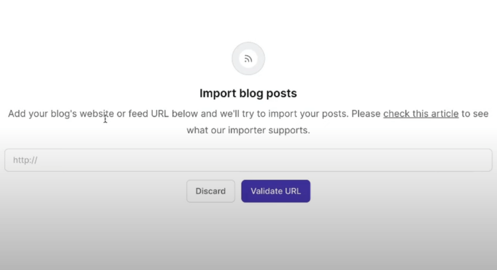 page with Import blog posts and vaildate URL button