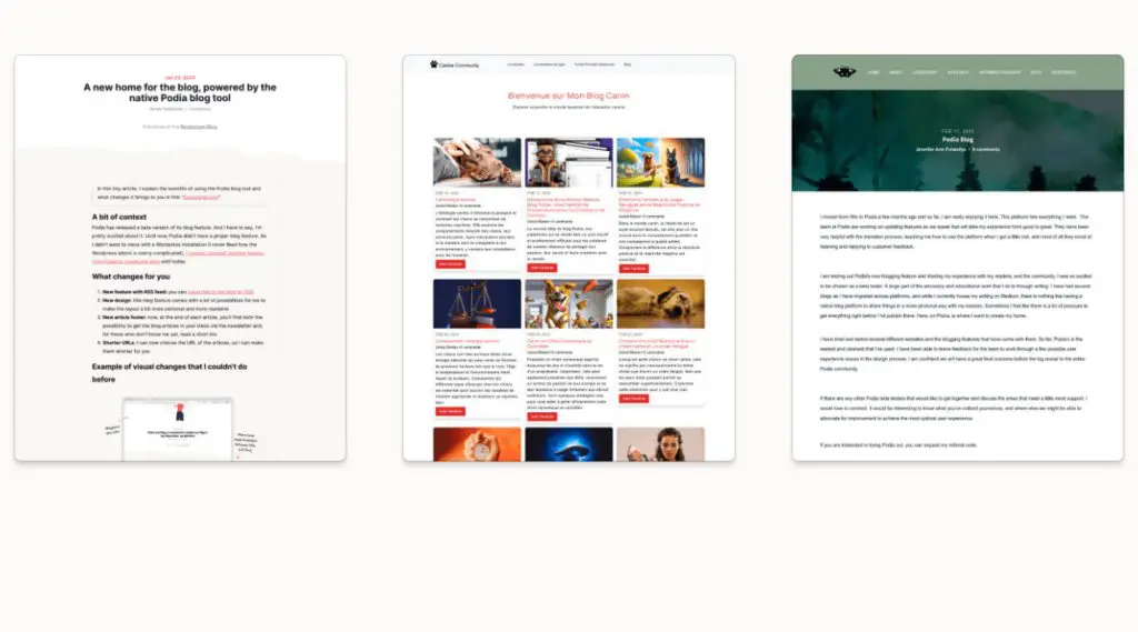 Three images of Podia blog pages