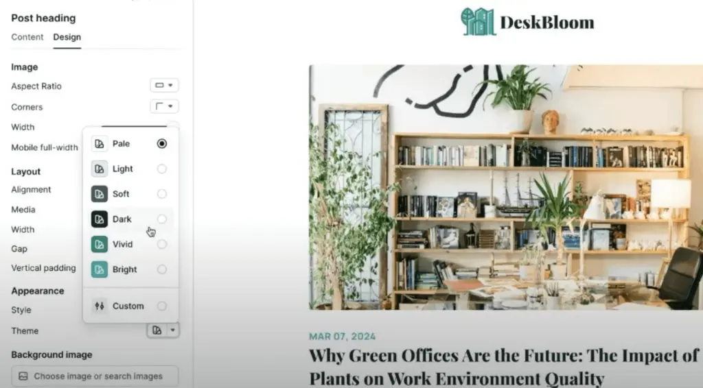 DeskBloom website with side menu on appearance and Pale checked
