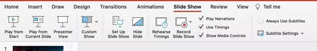 PowerPoint top ribbon options