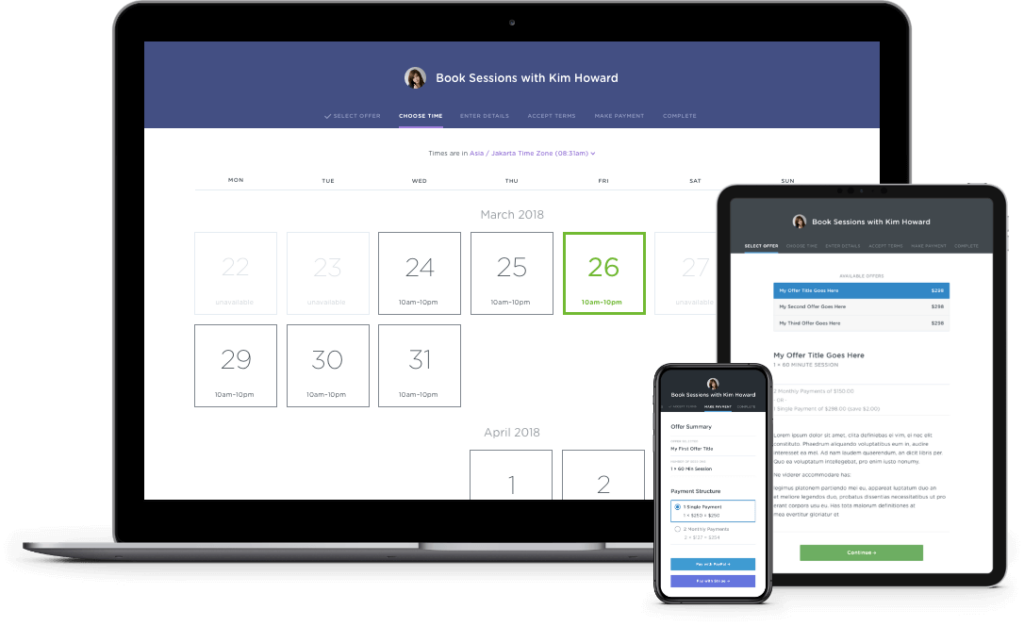 Computer, tablet and phone with Book Sessions with Kim Howard on each and March 2018 dates