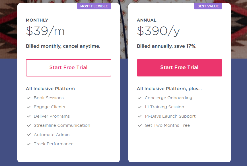 2 boxes for Monthly and Annual Pricing with Start Free Trial buttons