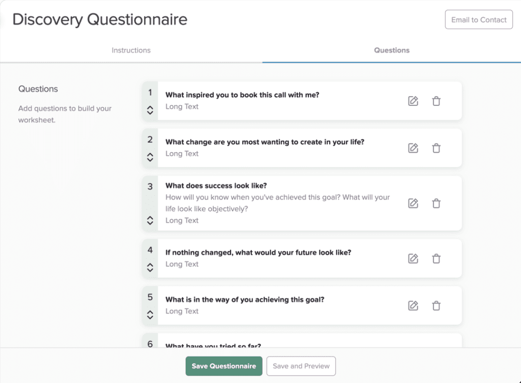 Discovery Questionnaire with 5 questions that can edit or trash