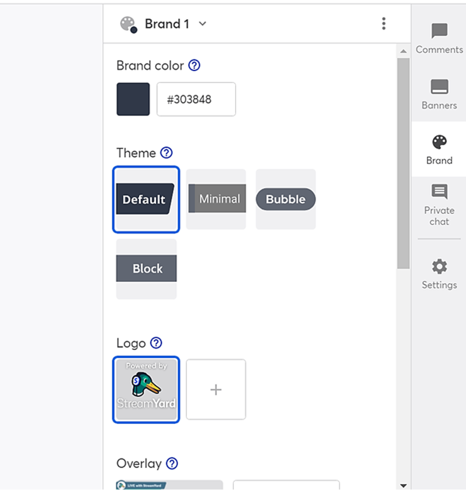 StreamYard page to brand live videos; Brand 1 selected with brand color, theme, and logo options shown