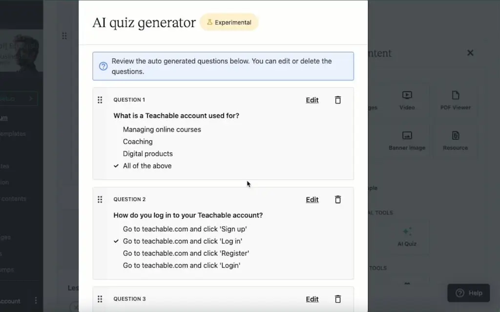 AI quiz generator screen that has questions that were generated for editing or deleting