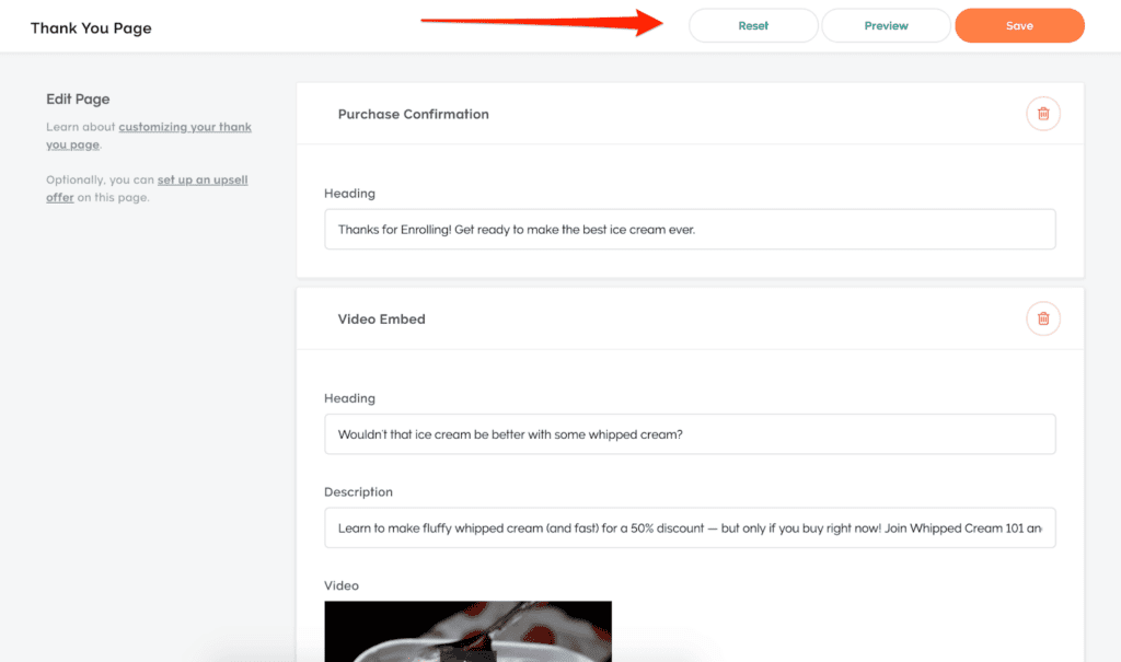 Thank you page with arrow pointing to Reset Preview and Save buttons
