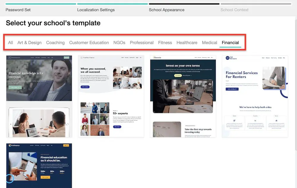 Select your school's template with red box around template topics on top with images of template to choose from