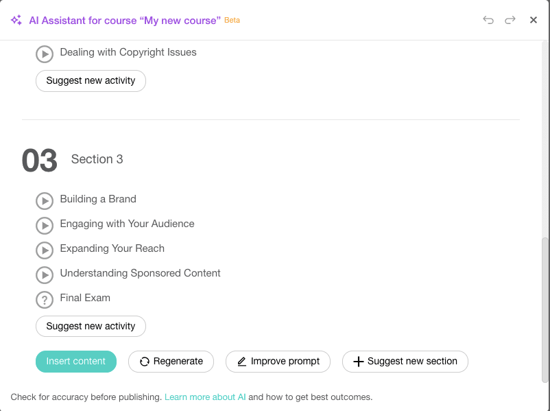 screenshot AI Assistant for course
Section 3
Insert content