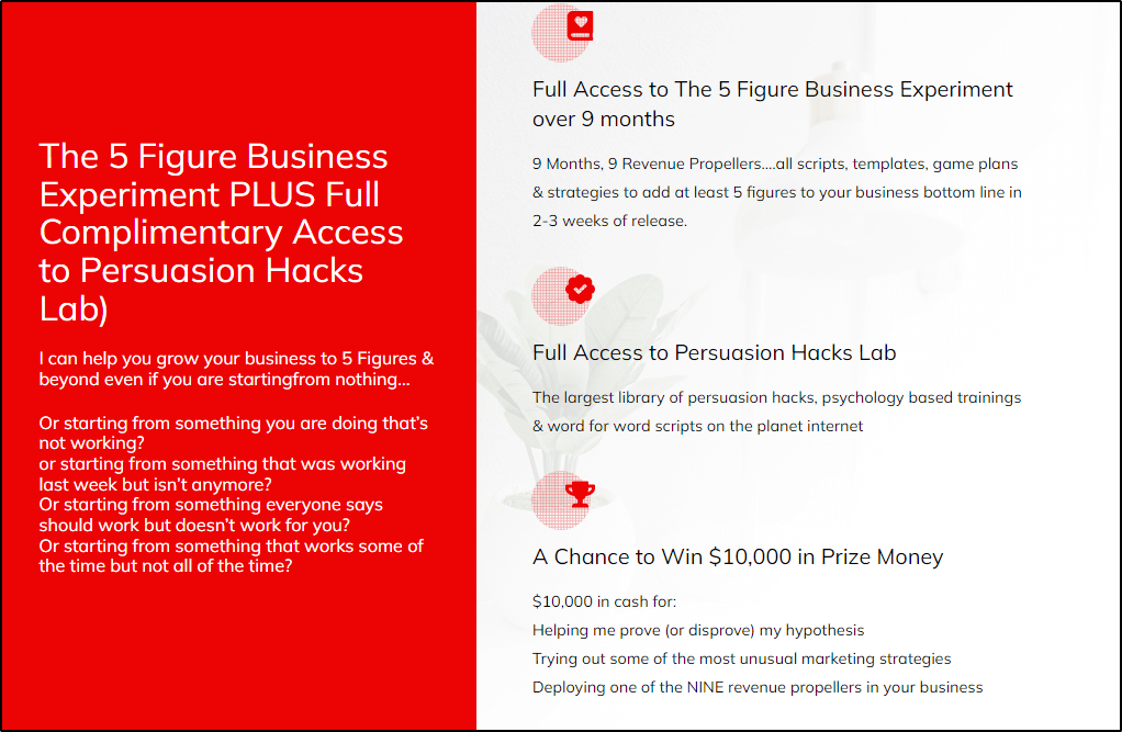 Sales page from Bushra Azhar, "The 5 Figure Business Experiment PLUS Full Complimentary Access to Persuasion Hacks Lab"