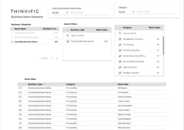 Thinkific Business Name Generator Screenshot with Business Categories, Search Filters and Name ideas