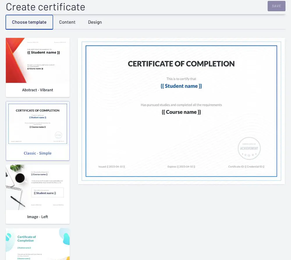 Create Certificate
Choose Template
Classic - Simple template highlighted