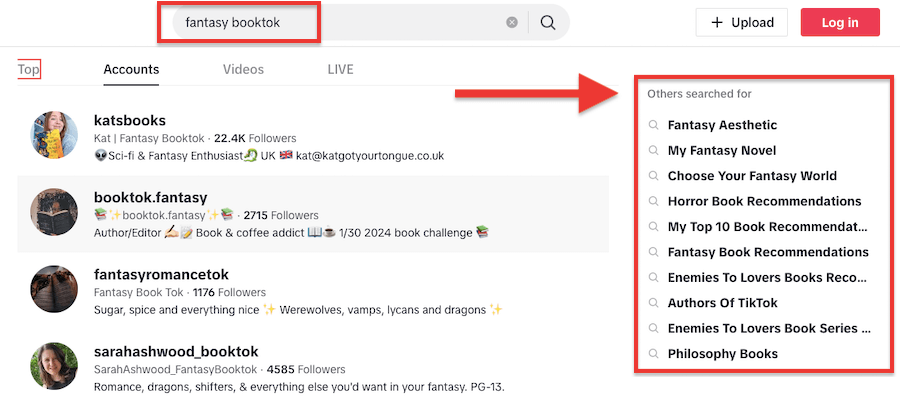 fantasy booktok Keyword research for TikTok SEO, red box around "Others searched for" to right of results.