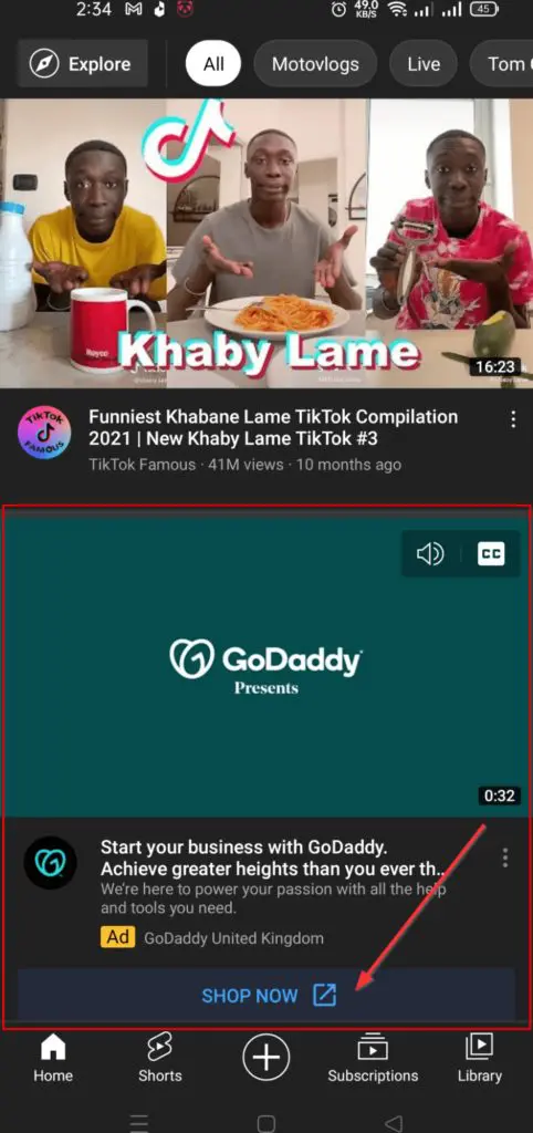 TikTok menu GoDaddy, arrow pointing at Shop Now