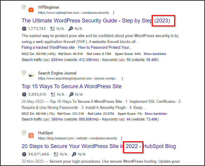 Google search "WordPress security tips", red box around 2023