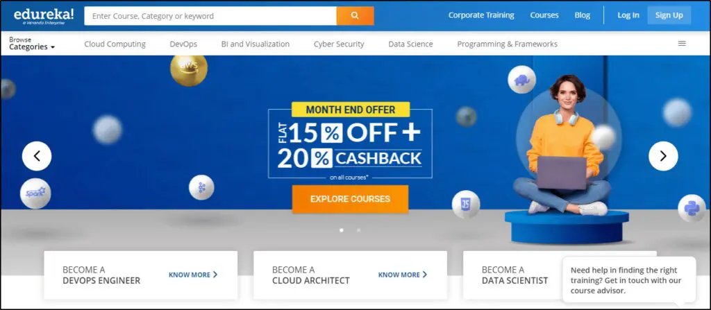 Edureka home page: Options on bottom with three boxes - "Become a Devops Engineer", "Become a Cloud Architect", "Become a Data Scientist"