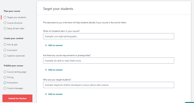 Udemy page for targeting students for courses
