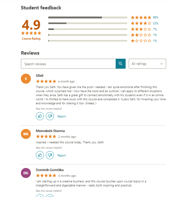 Udemy student feedback page 