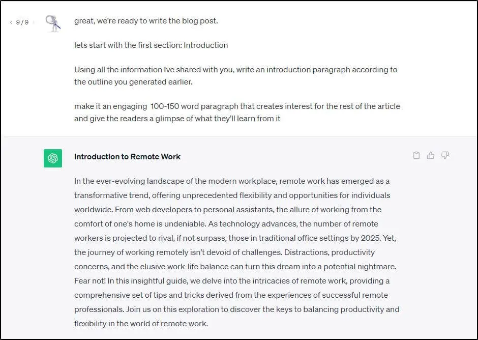 Asking ChatGPT to write the blog post and start with the first section