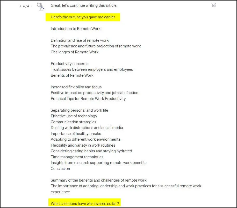 Here's the outline you gave me earlier and Which sections have we convered so far? highlighted in yellow