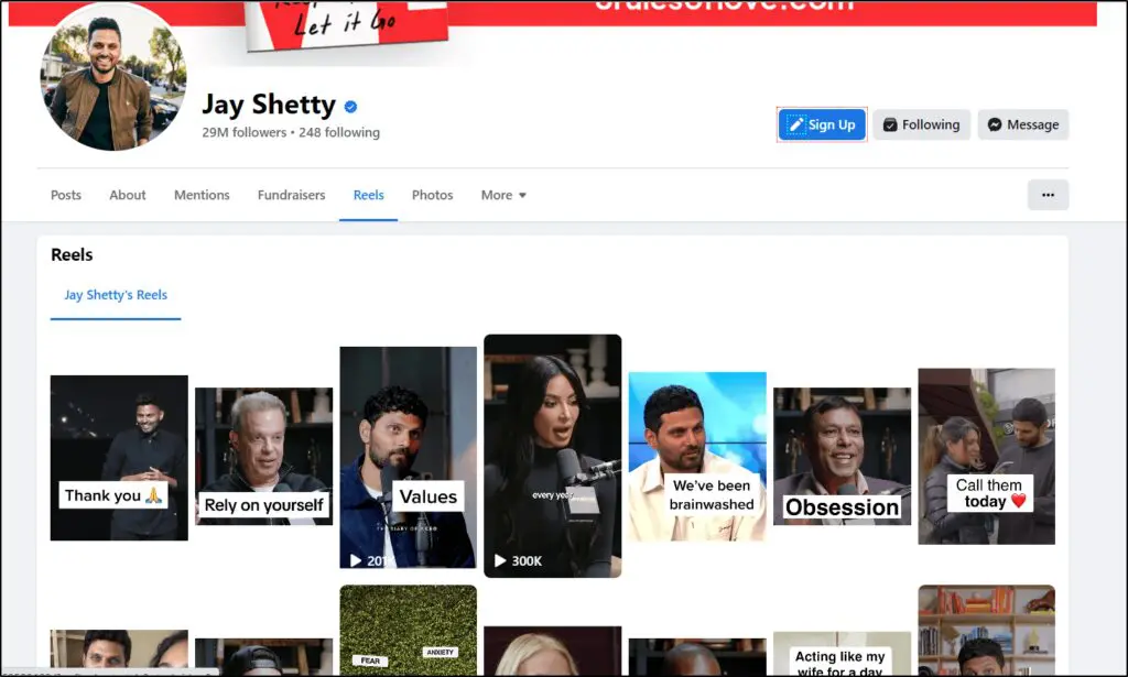 Jay Shetty FB page with Reels and images of relles