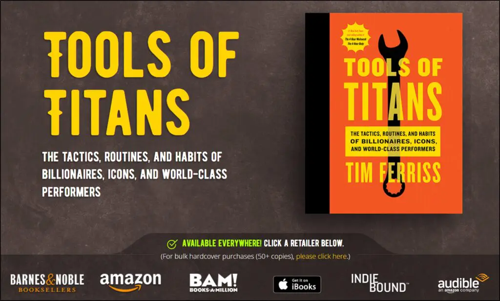 Tools of Titans screenshot with title of ebook and an image of the ebook