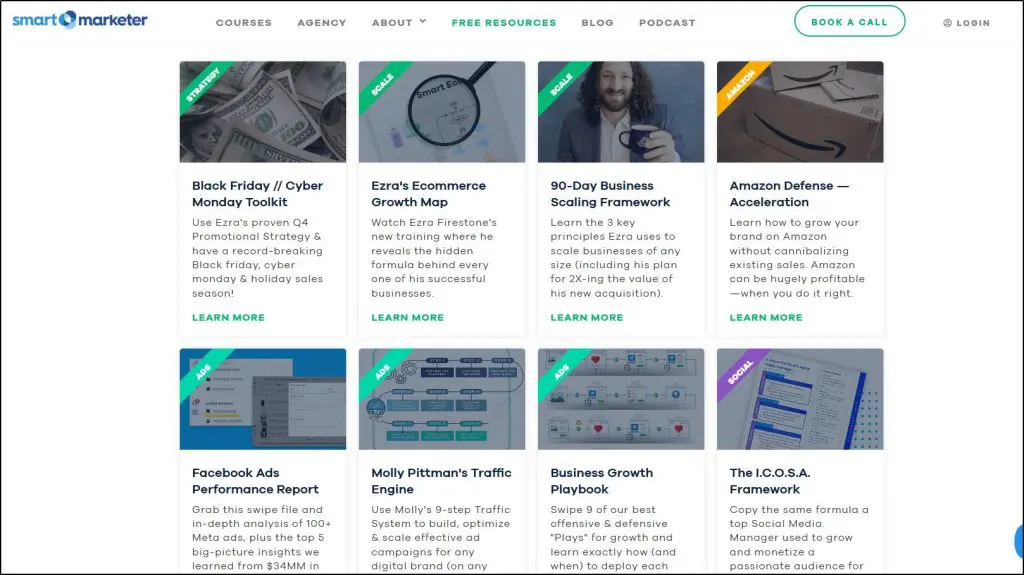 Smart Marketer Free Resources page; preview of 8 resources to click on.