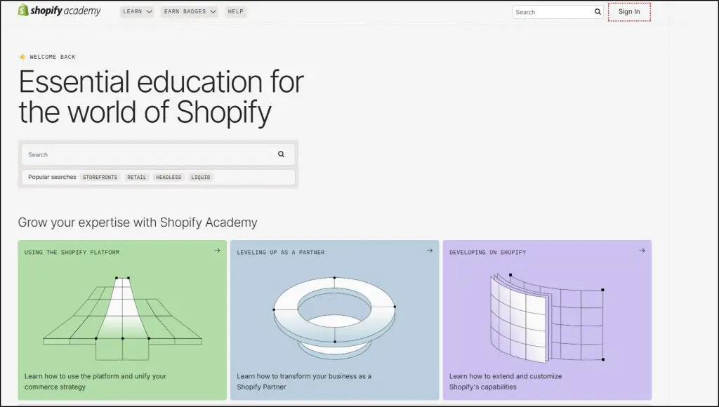 screenshot of Shopify academy home page: Essential education for the world of Shopify 