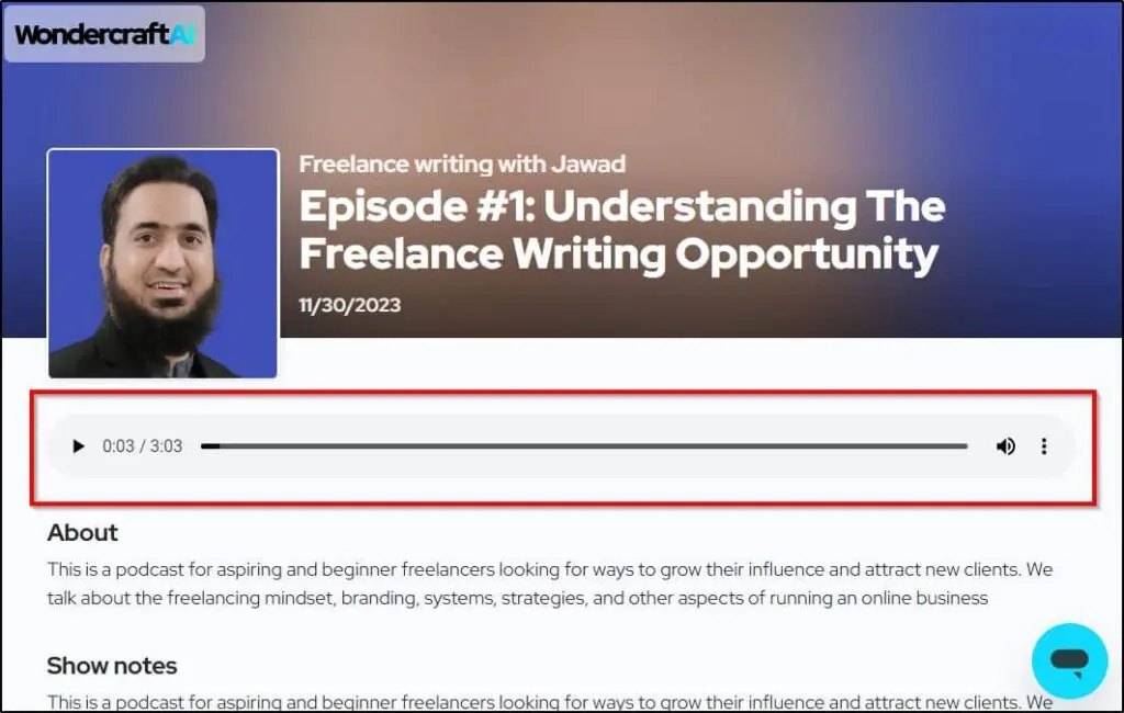 Shows play button of Episode 1 and about the podcast