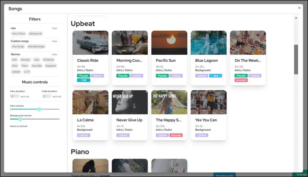Screen of songs to choose under Upbeat
9 songs with images and what it sounds like - Classic Ride, Yes YOu Can, La Calma, etc. 